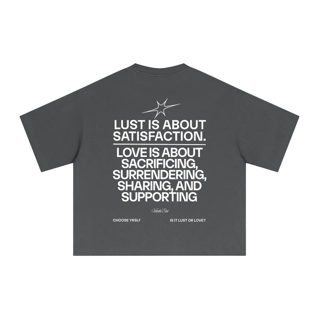 Gray t-shirt with white text on a white background