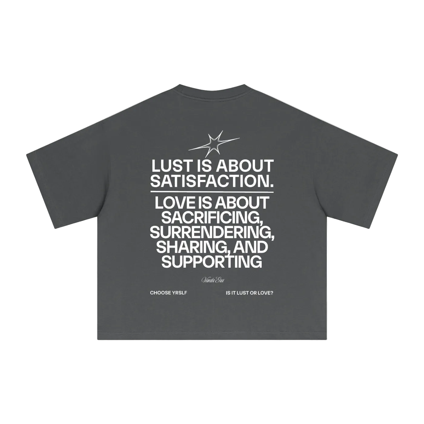 Gray t-shirt with white text on a white background