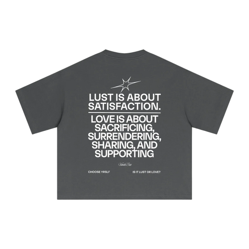 Gray t-shirt with white text on a white background